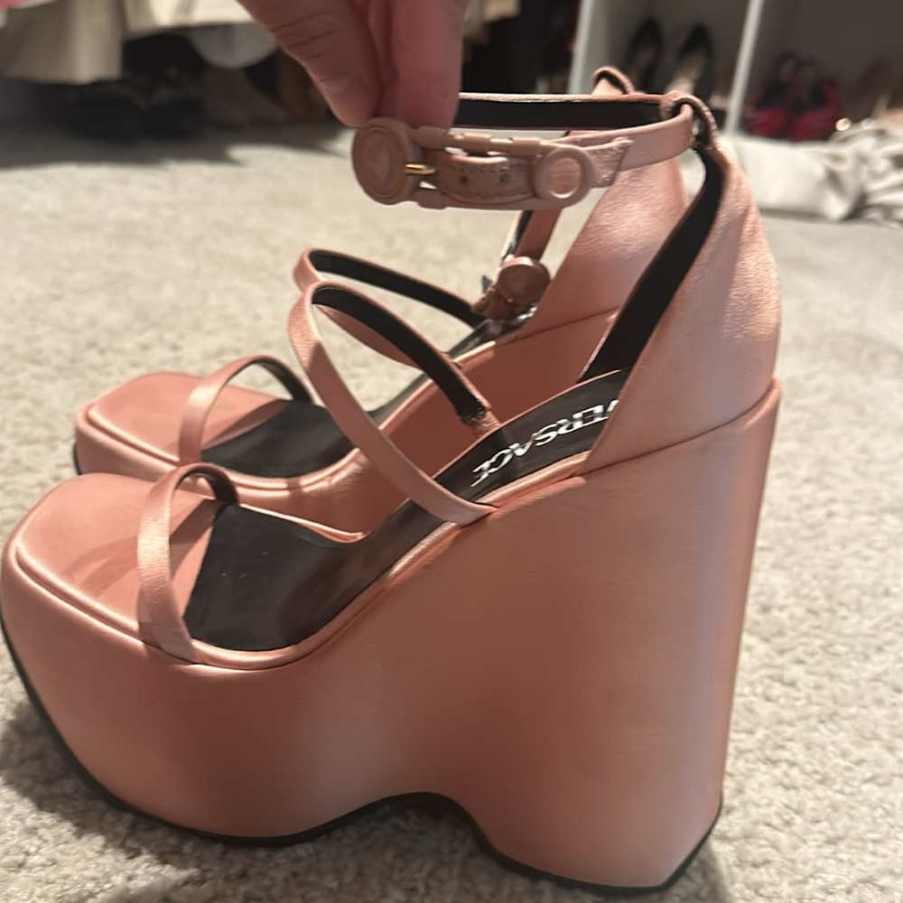 Versace 3 Strap Satin Wedge Heels